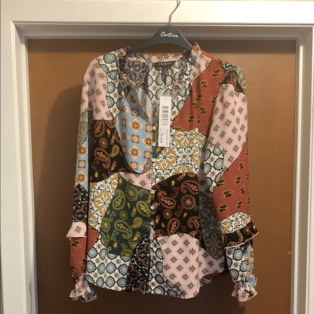 Tribal Graphic Ruffled Blouse with Bib Collar